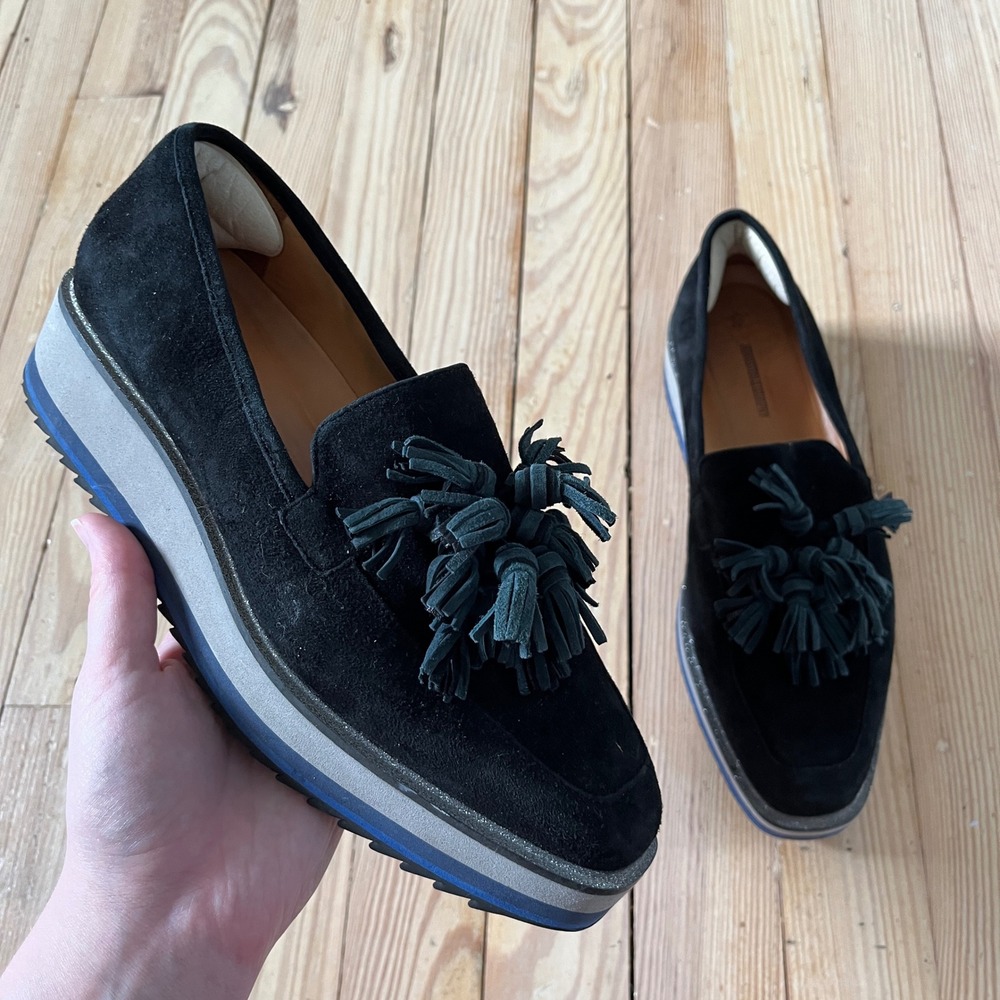 Johnston & Murphy Tassel Platform Loafers Womens 8.5M Black Suede Glitter Trim